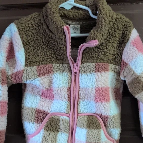 Checkered Fleece Jacket - Pink and Brown 3T - Picture 1 of 1